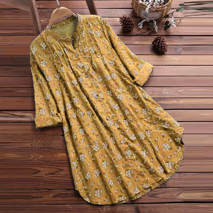 Camicia da donna a maniche lunghe con bottoni e stampa floreale Buddha Stones. - Verga d'oro - US8-10, UK/AU12-14, EU40-42 (2XL) - image 4