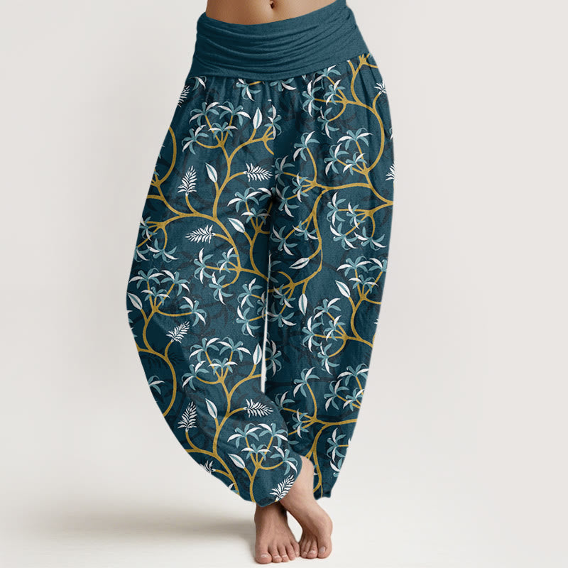 Pantaloni harem da donna con elastico in vita, motivo a fiori, rami dorati e Buddha Stones - Verde acqua - US22, UK/AU26, EU54 (6XL) - image 1
