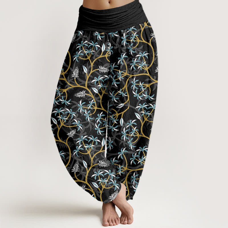 Pantaloni harem da donna con elastico in vita, motivo a fiori, rami dorati e Buddha Stones - Nero - US22, UK/AU26, EU54 (6XL) - image 8