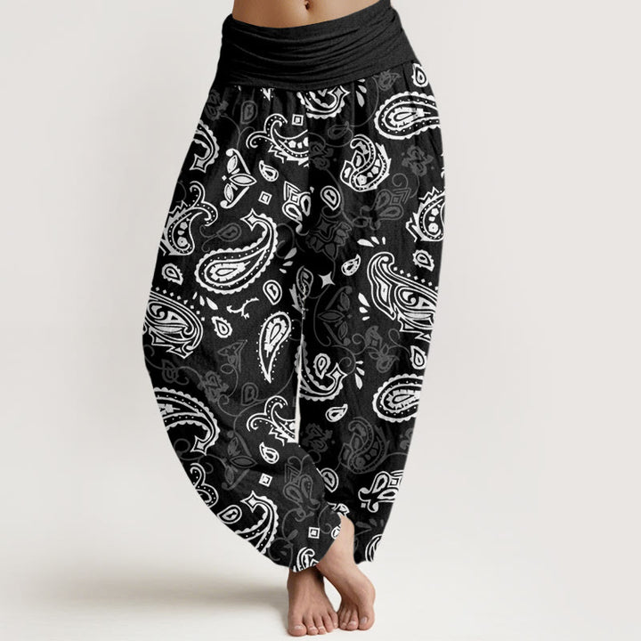 Pantaloni harem da donna con elastico in vita e motivo paisley bianco casual Buddha Stones - Nero - US22, UK/AU26, EU54 (6XL) - image 1