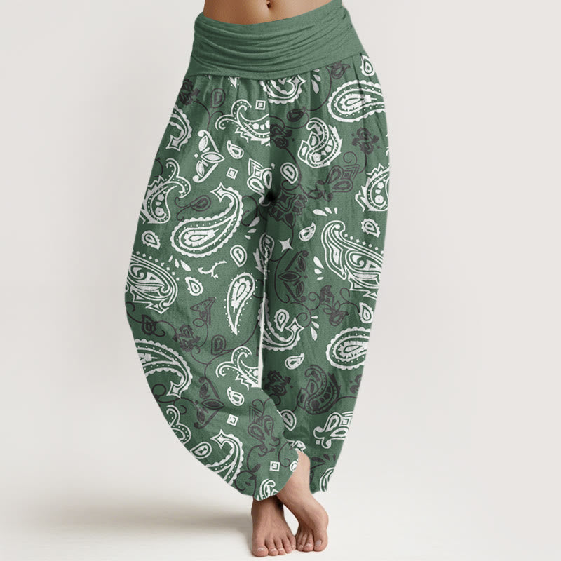 Pantaloni harem da donna con elastico in vita e motivo paisley bianco casual Buddha Stones - Verdemare medio - US22, UK/AU26, EU54 (6XL) - image 5