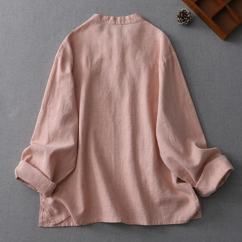 Camicia da donna in cotone e lino a maniche lunghe con colletto alto, motivo vintage cinese con bottoni a forma di rana, Buddha Stones - image 1