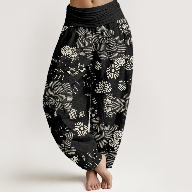 Pantaloni harem da donna con elastico in vita e motivo floreale casual Buddha Stones - Nero - US22, UK/AU26, EU54 (6XL) - image 1