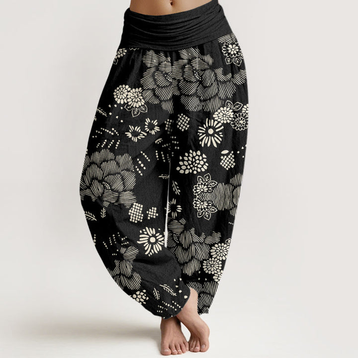 Pantaloni harem da donna con elastico in vita e motivo floreale casual Buddha Stones - Nero - US22, UK/AU26, EU54 (6XL) - image 1