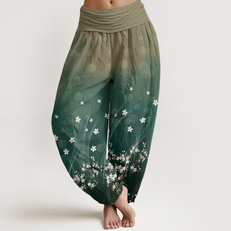 Pantaloni harem da donna con elastico in vita, motivo floreale sfumato, linee ondulate e punti luce circolari, modello casual Buddha Stones - Ciano scuro - US22, UK/AU26, EU54 (6XL) - image 1