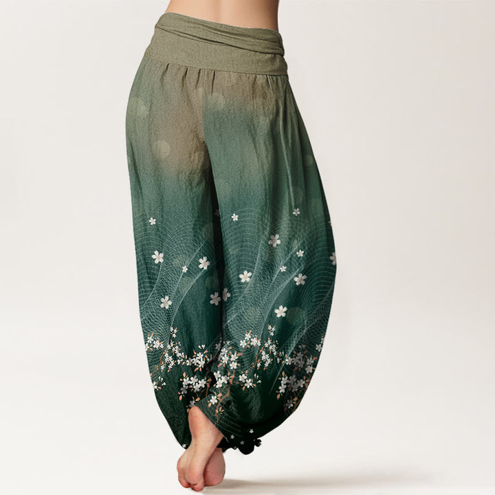 Pantaloni harem da donna con elastico in vita, motivo floreale sfumato, linee ondulate e punti luce circolari, modello casual Buddha Stones - image 3