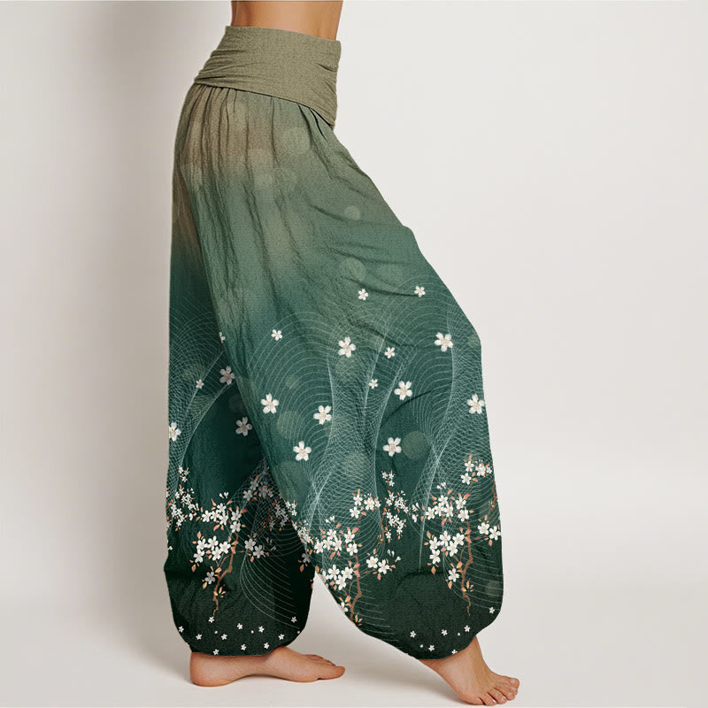 Pantaloni harem da donna con elastico in vita, motivo floreale sfumato, linee ondulate e punti luce circolari, modello casual Buddha Stones - image 2