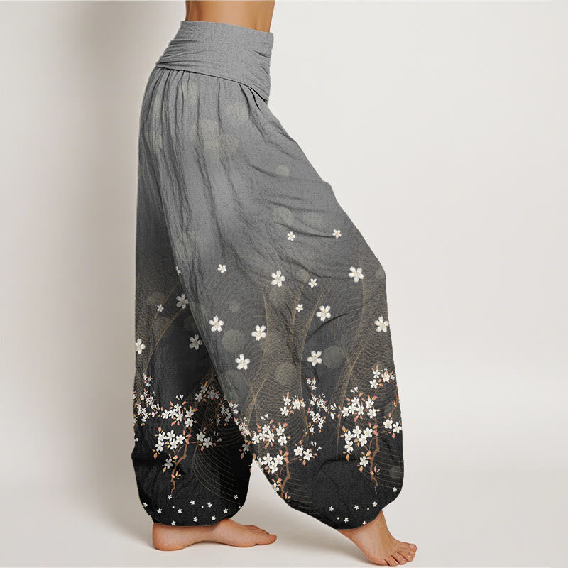 Pantaloni harem da donna con elastico in vita, motivo floreale sfumato, linee ondulate e punti luce circolari, modello casual Buddha Stones - image 6