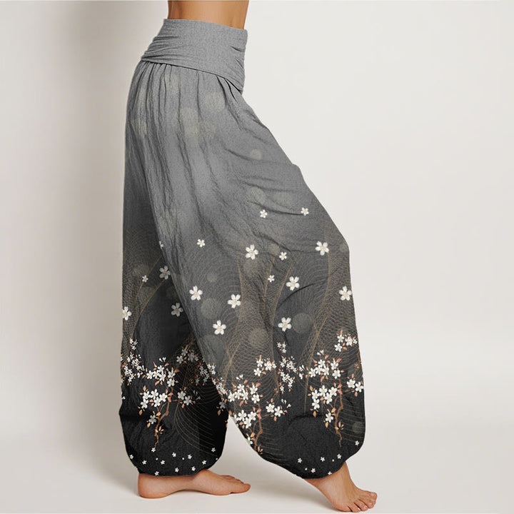 Pantaloni harem da donna con elastico in vita, motivo floreale sfumato, linee ondulate e punti luce circolari, modello casual Buddha Stones - image 6