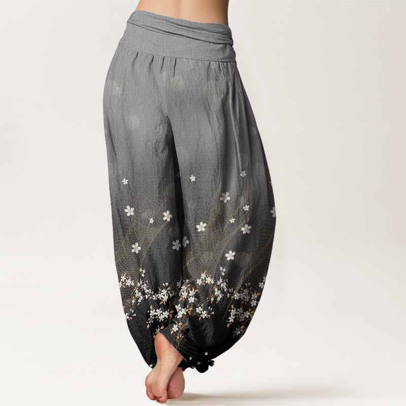 Pantaloni harem da donna con elastico in vita, motivo floreale sfumato, linee ondulate e punti luce circolari, modello casual Buddha Stones - image 7
