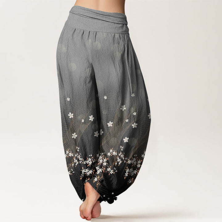 Pantaloni harem da donna con elastico in vita, motivo floreale sfumato, linee ondulate e punti luce circolari, modello casual Buddha Stones - image 7