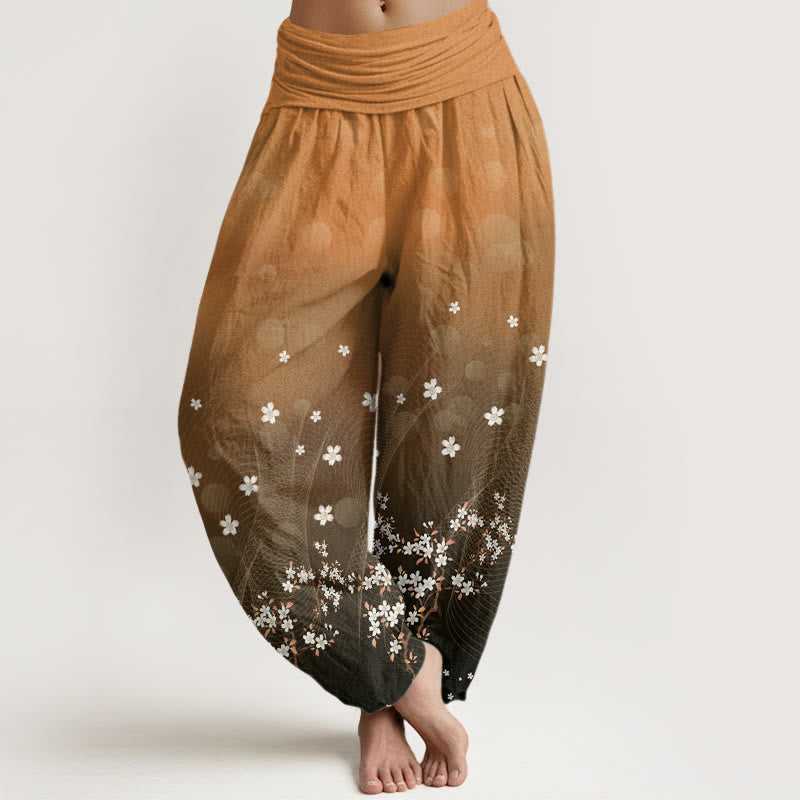 Pantaloni harem da donna con elastico in vita, motivo floreale sfumato, linee ondulate e punti luce circolari, modello casual Buddha Stones - SandyBrown - US22, UK/AU26, EU54 (6XL) - image 8