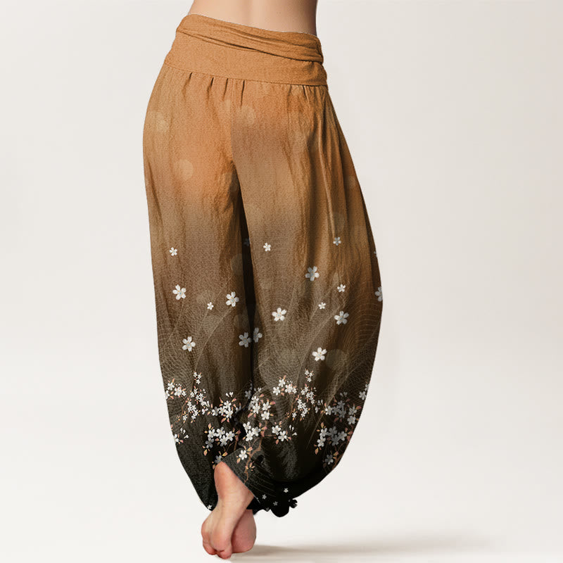 Pantaloni harem da donna con elastico in vita, motivo floreale sfumato, linee ondulate e punti luce circolari, modello casual Buddha Stones - image 10