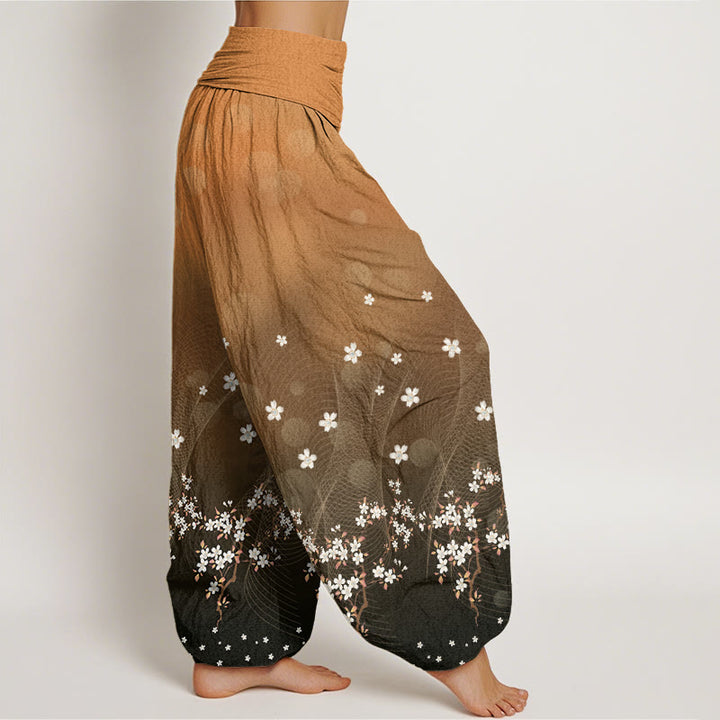 Pantaloni harem da donna con elastico in vita, motivo floreale sfumato, linee ondulate e punti luce circolari, modello casual Buddha Stones - image 9
