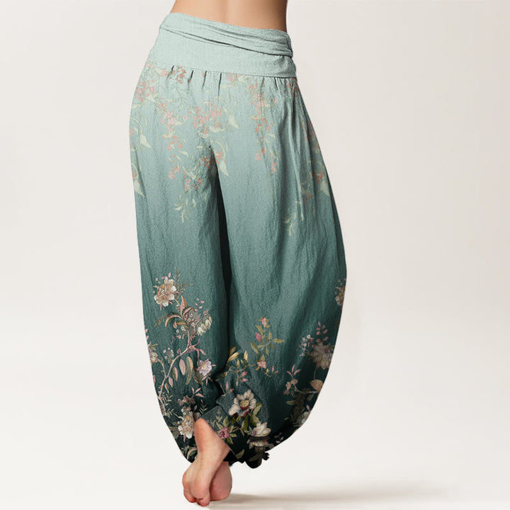 Pantaloni harem da donna con elastico in vita, motivo floreale delicato e sfumato, modello Buddha Stones - image 3