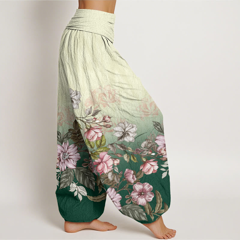Pantaloni harem da donna con elastico in vita, motivo a petali e foglie, in cotone, casual e sfumati, con Buddha Stones - image 1