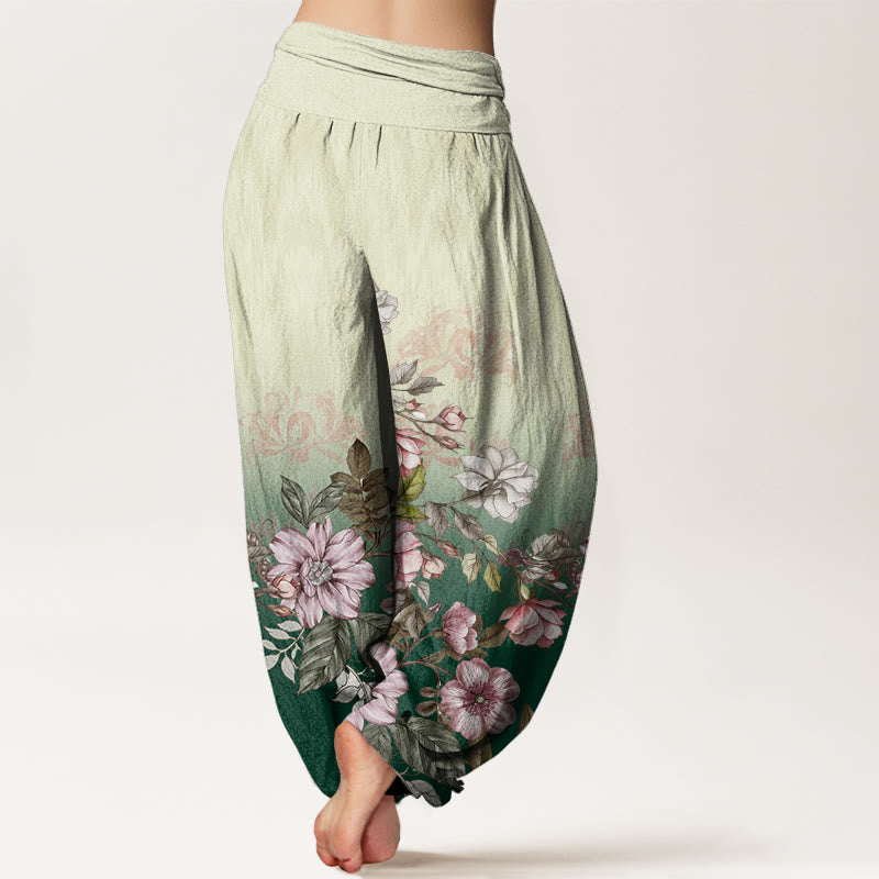 Pantaloni harem da donna con elastico in vita, modello Buddha Stones, petali sfumati casual, foglie - image 2