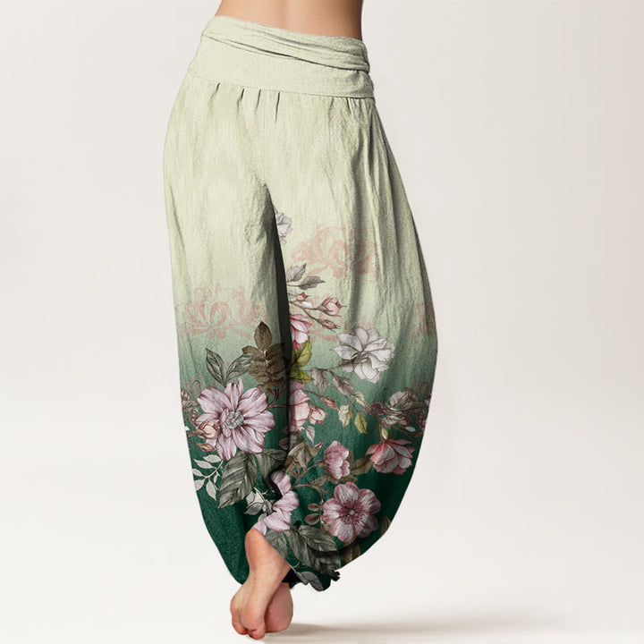 Pantaloni harem da donna con elastico in vita, modello Buddha Stones, petali sfumati casual, foglie - image 2