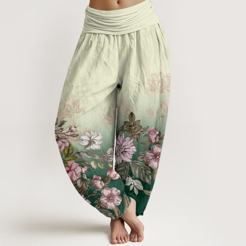 Pantaloni harem da donna con elastico in vita, modello Buddha Stones, petali sfumati casual, foglie - Verde - US22, UK/AU26, EU54 (6XL) - image 1