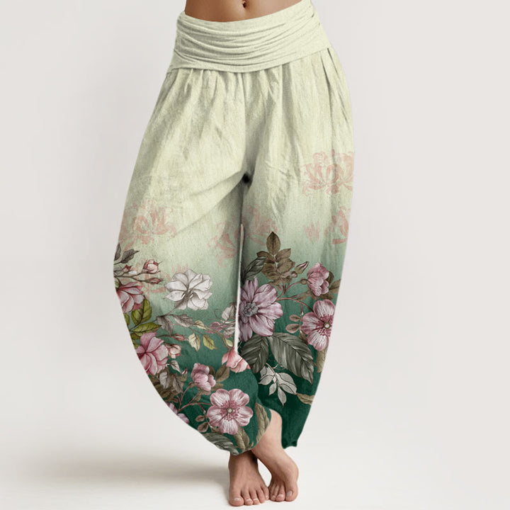Pantaloni harem da donna con elastico in vita, modello Buddha Stones, petali sfumati casual, foglie - Verde - US22, UK/AU26, EU54 (6XL) - image 1