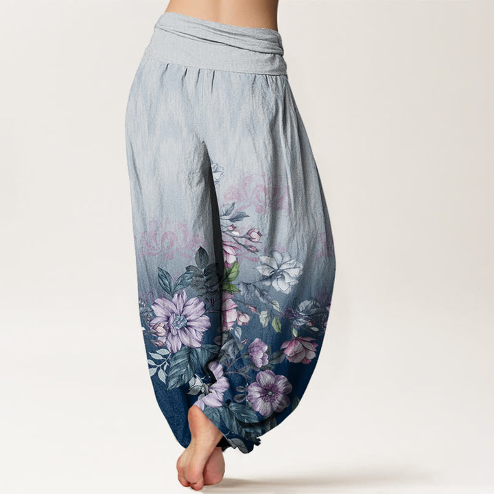 Pantaloni harem da donna con elastico in vita, motivo a petali e foglie, in cotone, casual e sfumati, con Buddha Stones - image 6