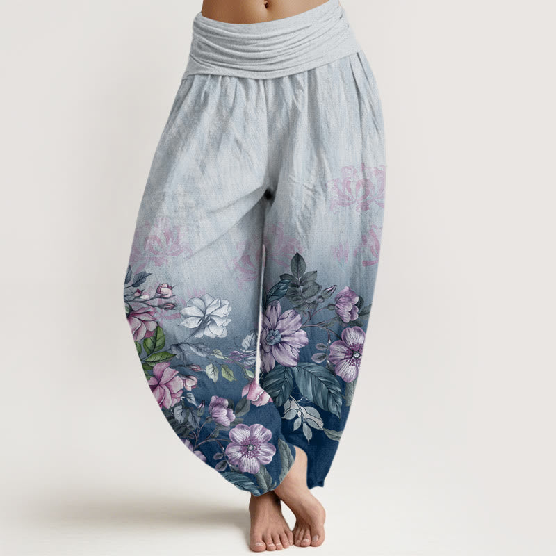 Pantaloni harem da donna con elastico in vita, modello Buddha Stones, petali sfumati casual, foglie - AzzurroCielo Chiaro - US22, UK/AU26, EU54 (6XL) - image 5