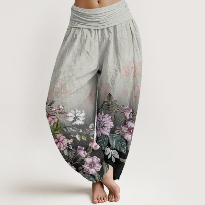 Pantaloni harem da donna con elastico in vita, modello Buddha Stones, petali sfumati casual, foglie - Grigio scuro - US22, UK/AU26, EU54 (6XL) - image 7