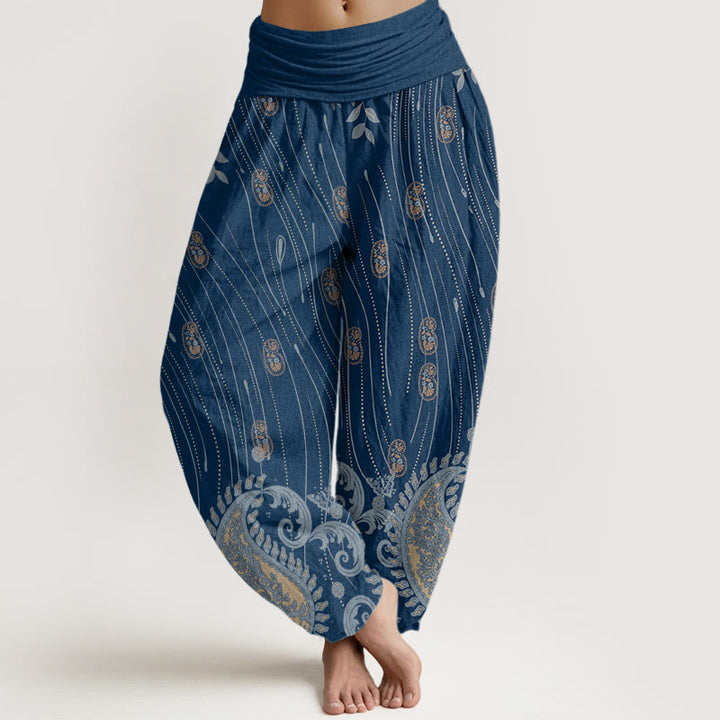 Pantaloni harem da donna con elastico in vita, motivo paisley casual Buddha Stones e linee ondulate - Blu medio - US22, UK/AU26, EU54 (6XL) - image 1
