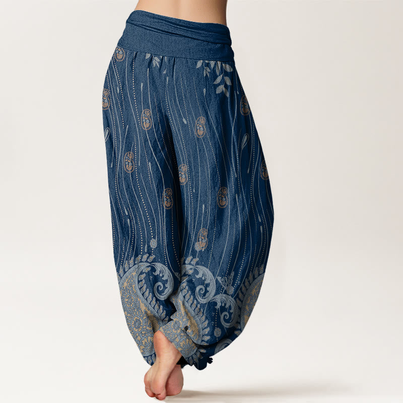 Pantaloni harem da donna con elastico in vita, motivo paisley casual Buddha Stones e linee ondulate - image 3
