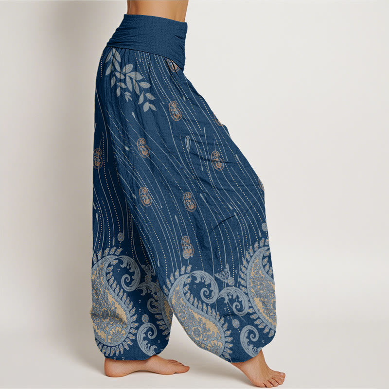 Pantaloni harem da donna con elastico in vita, motivo paisley casual Buddha Stones e linee ondulate - image 2