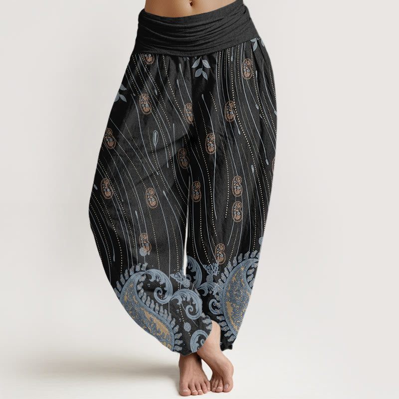 Pantaloni harem da donna con elastico in vita, motivo paisley casual Buddha Stones e linee ondulate - Nero - US22, UK/AU26, EU54 (6XL) - image 8