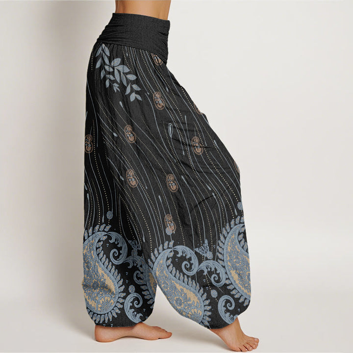 Pantaloni harem da donna con elastico in vita, motivo paisley casual Buddha Stones e linee ondulate - image 9