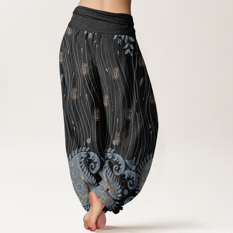 Pantaloni harem da donna con elastico in vita, motivo paisley casual Buddha Stones e linee ondulate - image 10