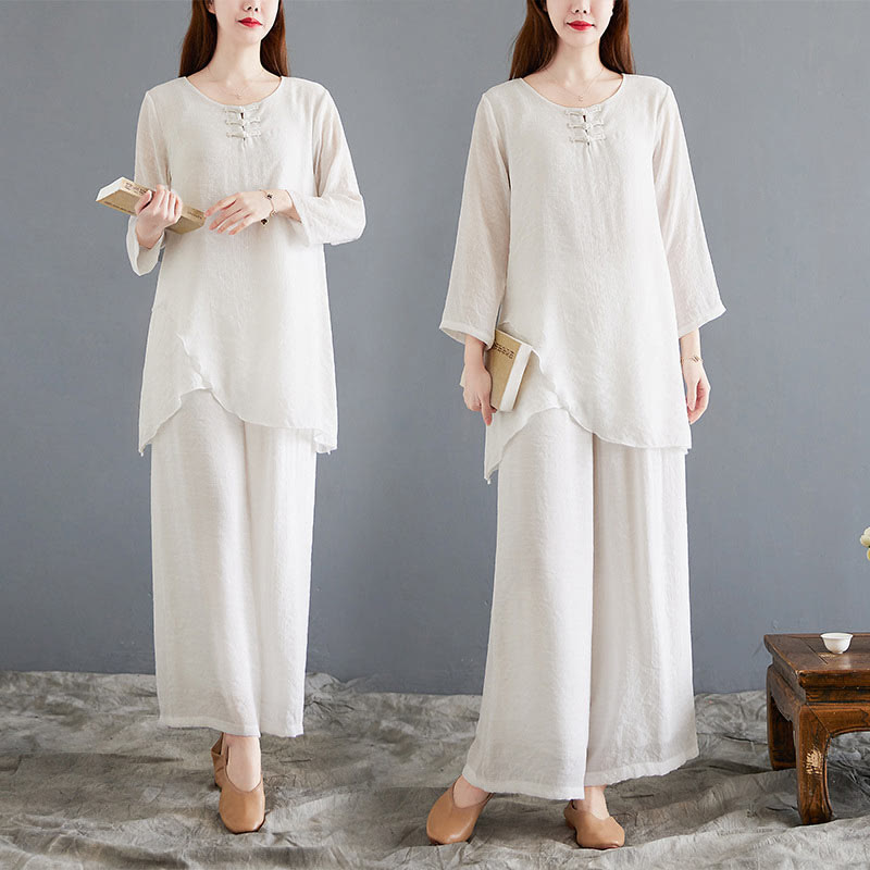 Set di 2 pezzi Buddha Stones, beige, con bottoni cinesi a forma di rana, camicia a maniche lunghe, pantaloni, meditazione, zen, Tai Chi, abbigliamento in cotone e lino, da donna
