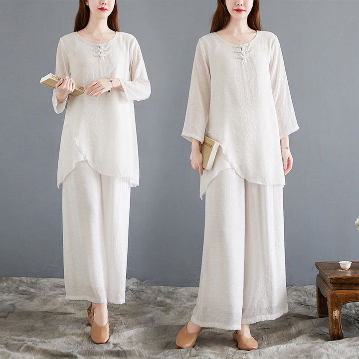 Set di 2 pezzi Buddha Stones, beige, con bottoni cinesi a forma di rana, camicia a maniche lunghe, pantaloni, meditazione, zen, Tai Chi, abbigliamento in cotone e lino, da donna