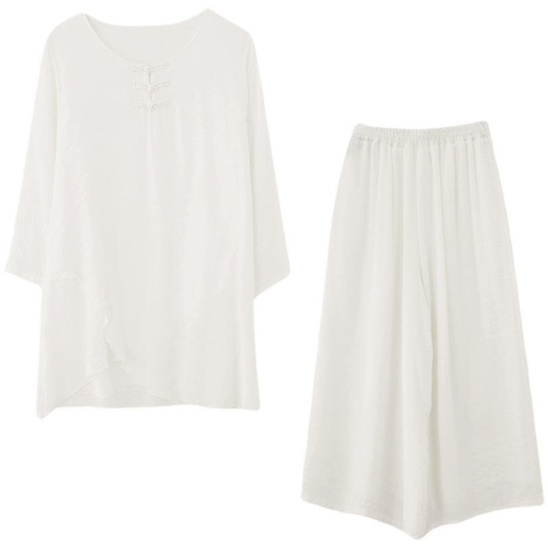 Set di 2 pezzi Buddha Stones, beige, con bottoni cinesi a forma di rana, camicia a maniche lunghe, pantaloni, meditazione, zen, Tai Chi, abbigliamento in cotone e lino, da donna - image 21