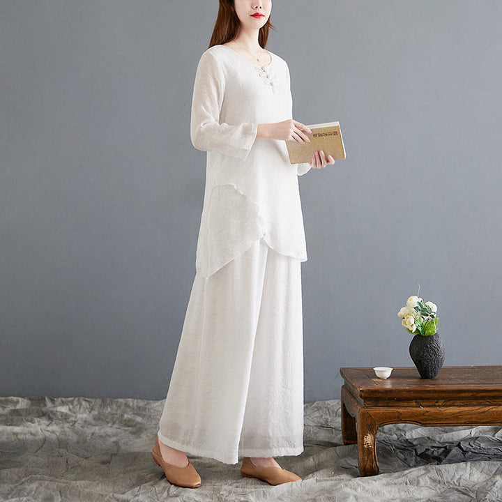 Set di 2 pezzi Buddha Stones, beige, con bottoni cinesi a forma di rana, camicia a maniche lunghe, pantaloni, meditazione, zen, Tai Chi, abbigliamento in cotone e lino, da donna