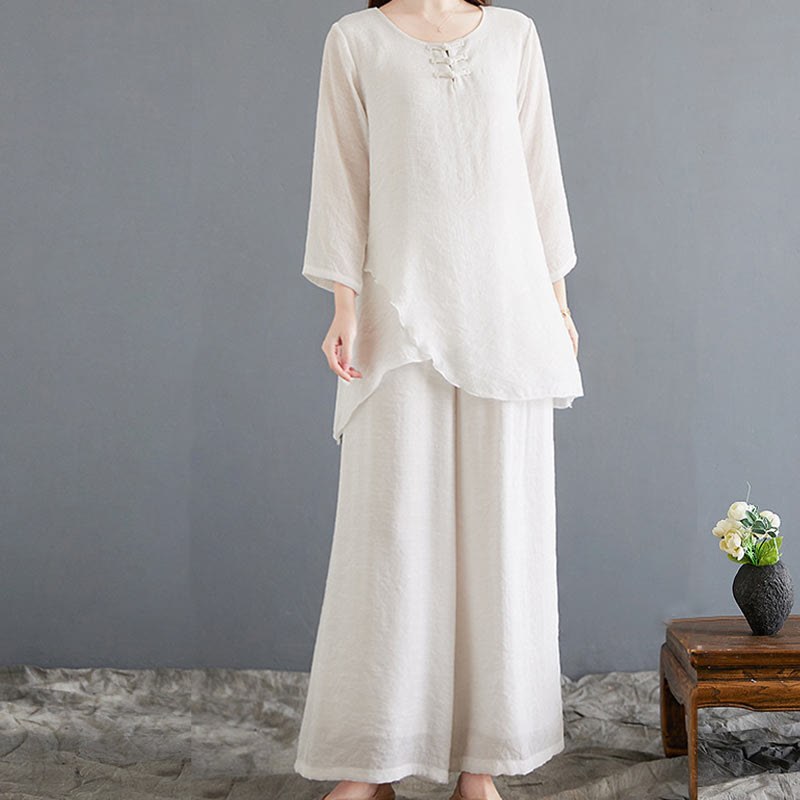 Set di 2 pezzi Buddha Stones, beige, con bottoni cinesi a forma di rana, camicia a maniche lunghe, pantaloni, meditazione, zen, Tai Chi, abbigliamento in cotone e lino, da donna