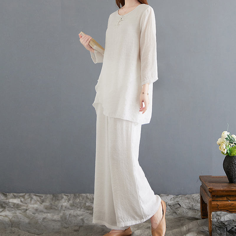 Set di 2 pezzi Buddha Stones, beige, con bottoni cinesi a forma di rana, camicia a maniche lunghe, pantaloni, meditazione, zen, Tai Chi, abbigliamento in cotone e lino, da donna