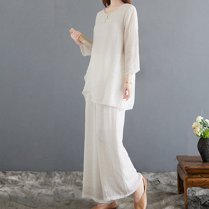 Set di 2 pezzi Buddha Stones, beige, con bottoni cinesi a forma di rana, camicia a maniche lunghe, pantaloni, meditazione, zen, Tai Chi, abbigliamento in cotone e lino, da donna