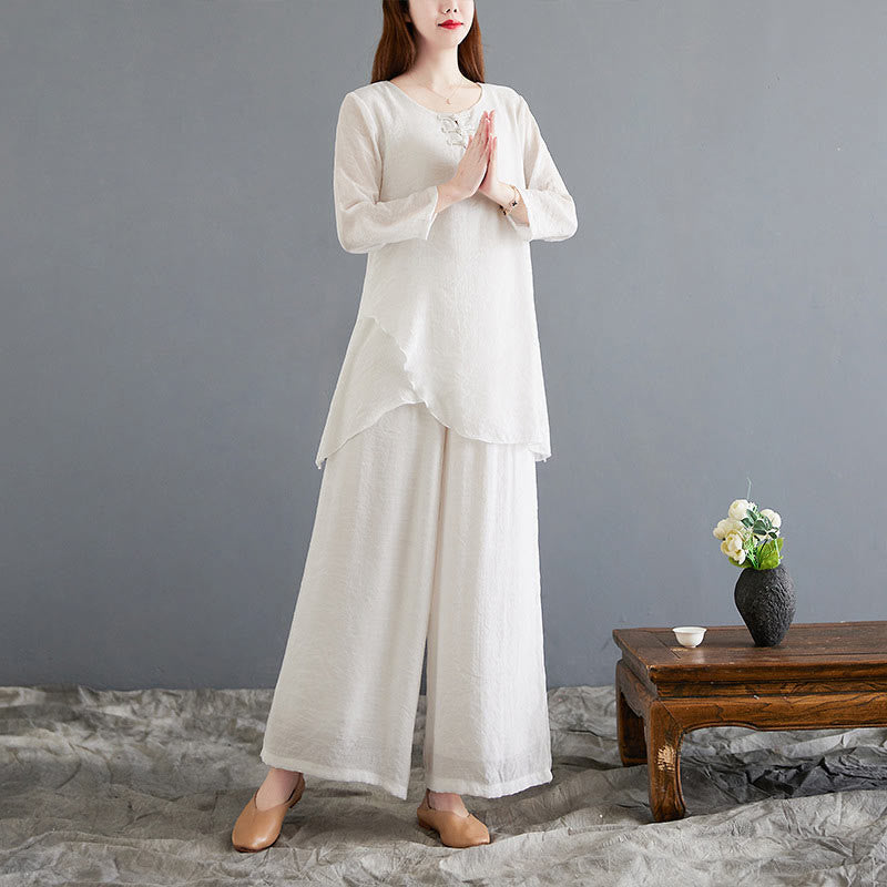Set di 2 pezzi Buddha Stones, beige, con bottoni cinesi a forma di rana, camicia a maniche lunghe, pantaloni, meditazione, zen, Tai Chi, abbigliamento in cotone e lino, da donna
