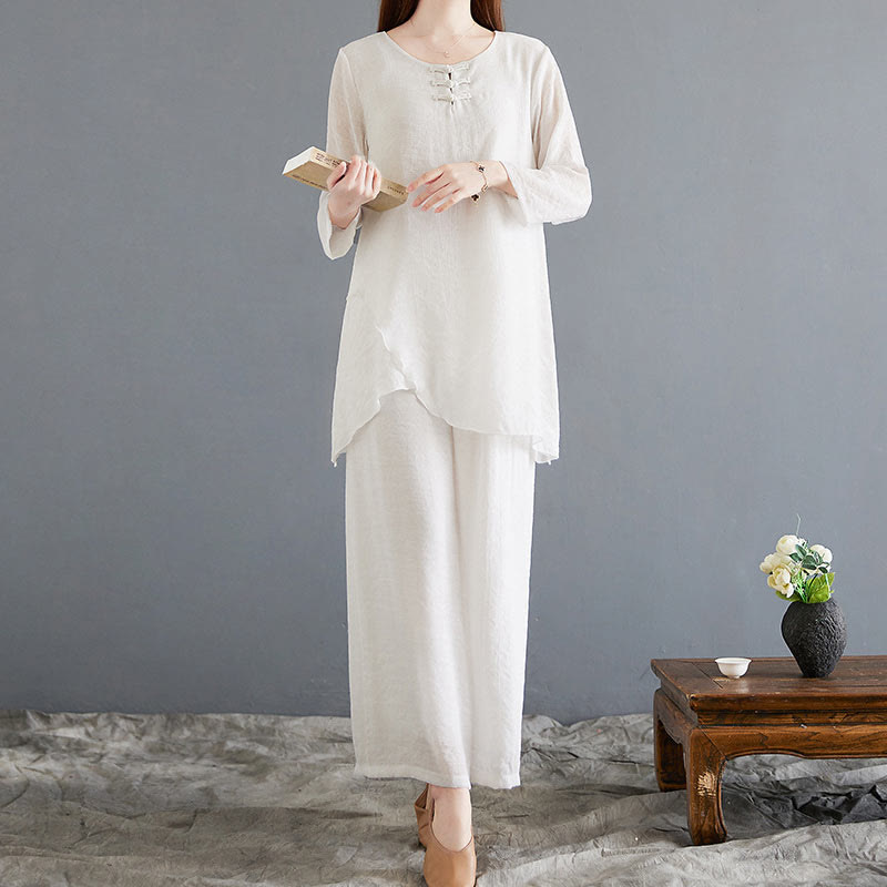 Set di 2 pezzi Buddha Stones, beige, con bottoni cinesi a forma di rana, camicia a maniche lunghe, pantaloni, meditazione, zen, Tai Chi, abbigliamento in cotone e lino, da donna