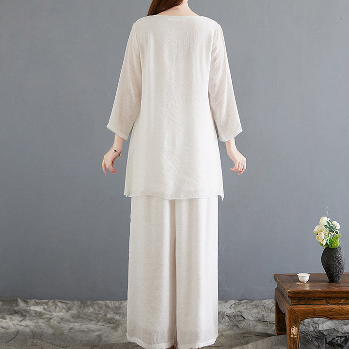 Set di 2 pezzi Buddha Stones, beige, con bottoni cinesi a forma di rana, camicia a maniche lunghe, pantaloni, meditazione, zen, Tai Chi, abbigliamento in cotone e lino, da donna
