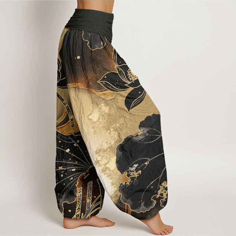 Pantaloni harem da donna con elastico in vita, modello casual in cotone con motivo a petali di loto, motivo Buddha Stones - image 1