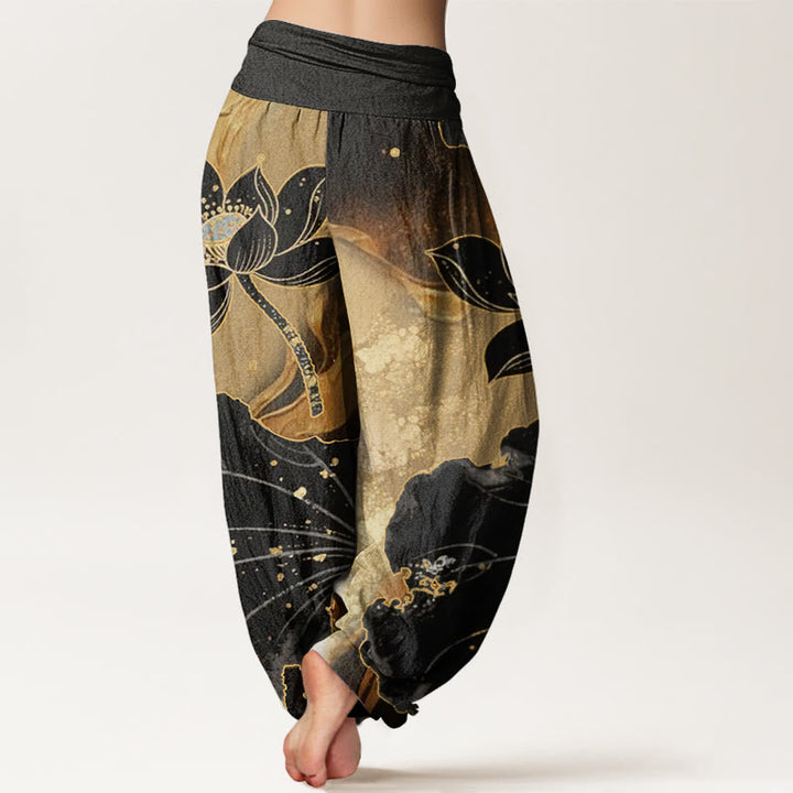 Pantaloni harem da donna con elastico in vita e motivo a petali di loto, stile casual, motivo Buddha Stones - image 3