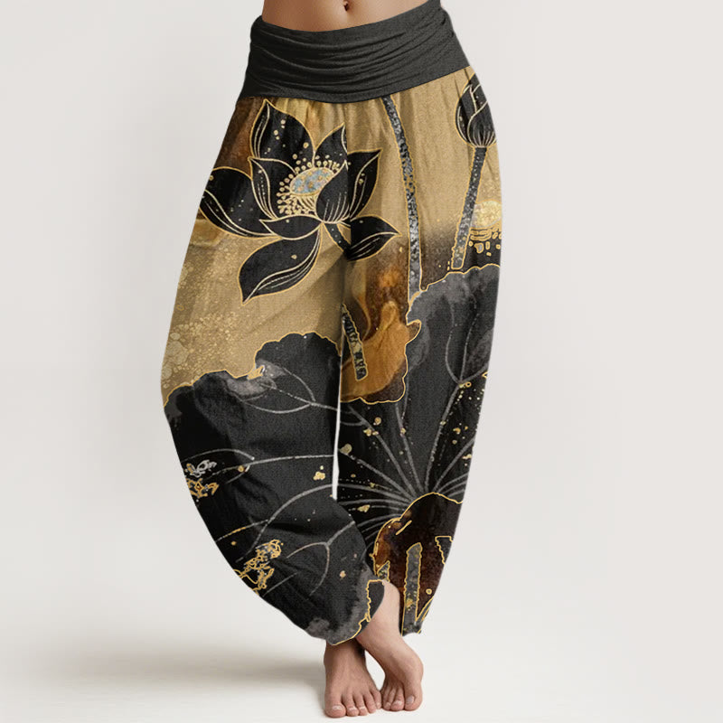 Pantaloni harem da donna con elastico in vita e motivo a petali di loto, stile casual, motivo Buddha Stones - Nero - US22, UK/AU26, EU54 (6XL) - image 1
