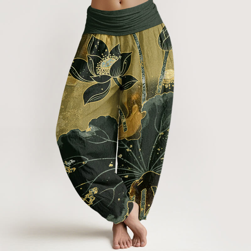 Pantaloni harem da donna con elastico in vita, modello casual in cotone con motivo a petali di loto, motivo Buddha Stones - Verde oliva scuro - US22, UK/AU26, EU54 (6XL) - image 4