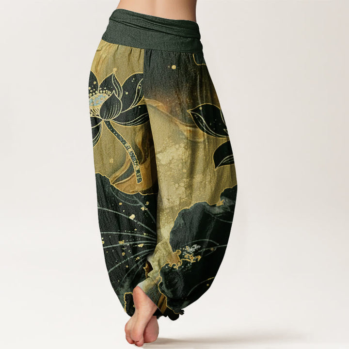 Pantaloni harem da donna con elastico in vita e motivo a petali di loto, stile casual, motivo Buddha Stones - image 7