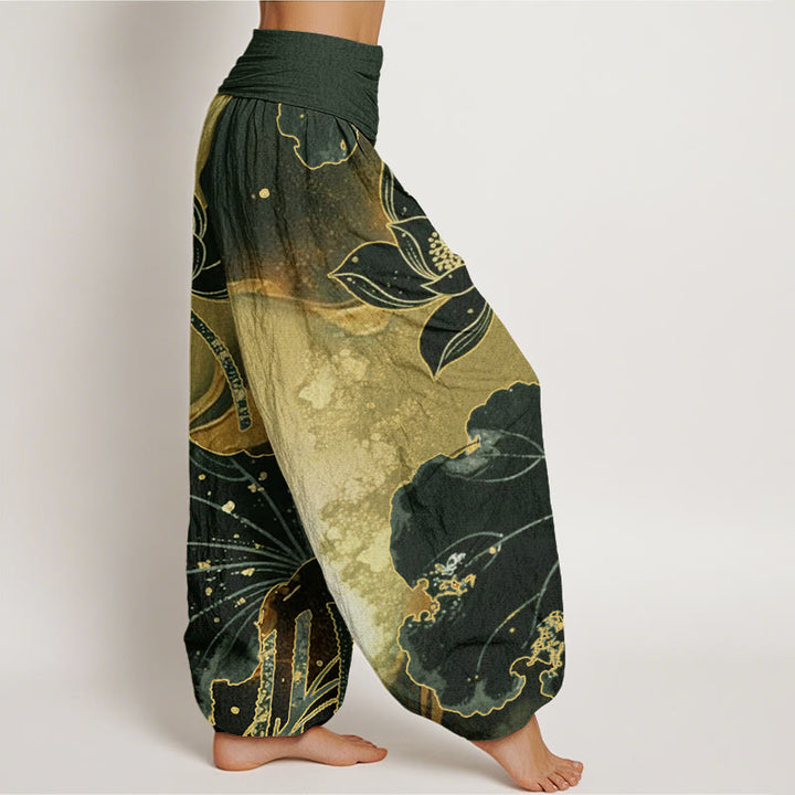 Pantaloni harem da donna con elastico in vita, modello casual in cotone con motivo a petali di loto, motivo Buddha Stones - image 5