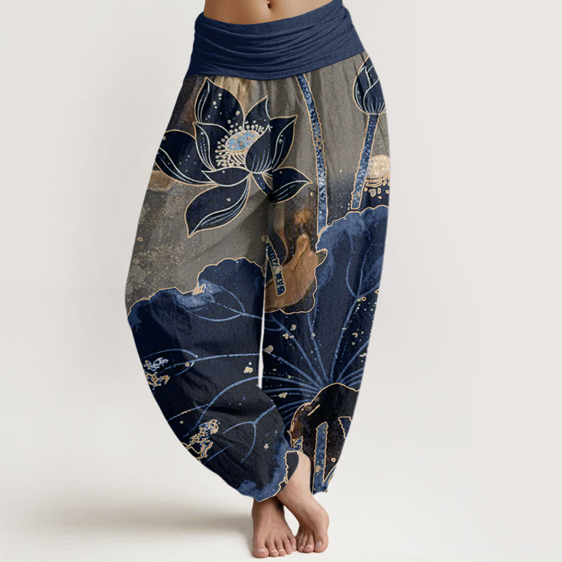 Pantaloni harem da donna con elastico in vita, modello casual in cotone con motivo a petali di loto, motivo Buddha Stones - Marina - US22, UK/AU26, EU54 (6XL) - image 7
